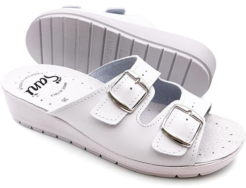 Ciabatte Donna con Doppia Fascia Pantofole Sanitarie Sandali Fibbia Regolabile in Vera Pelle Punta Aperta (Bianco, Sistema Taglie Calzature EU, Adulto, Donna, Numero, Media, 36)