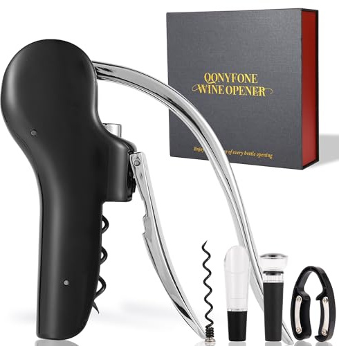 QONYFONE Wine Bottle Corkscrew Opener, Vertical Lever Corkscrew 5-Piece Set, Manual Vertical Design, Includes Wine Foil Cutter, Extra Spiral, Wine Pourer and Wine Stopper, Elegant Gift Box, Black