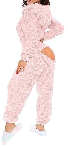 Pyjama Sexy en Molleton à Rabat pour Femmes - grenouillère Chaude et floue, Barboteuse à Capuche Mignonne, Combinaison Douce de vêtements de Nuit 2024