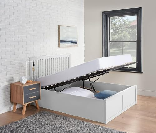 Home Treats White Double Wooden Ottoman Bed Frame | Double Bed with Storage White 4ft6 Double | Lift Up Under Bed Storage (135 x 190 cm, No Mattress)