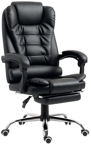 HOMCOM Silla de Oficina Reclinable Silla de Escritorio con Reposapiés Silla Ejecutiva Giratoria con Altura Ajustable Tapizada en PU y Reposabrazos para Estudio Negro