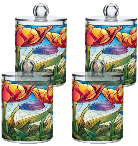 GAIREG Paquete de 4 tarros de plástico con diseño de tulipanes para baño