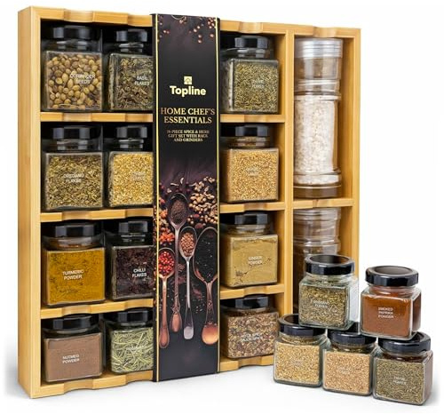 Topline Wooden Spice Rack with Spices Included, Glass Jars & Salt and Pepper Grinders – Wooden Countertop Spice Storage Organizer Set for Kitchen Counter, Cabinet, Pantry, or Cooking Prep Area