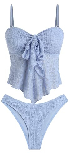ZAFUL Tankini Swimsuits for Women Tie Front Ruffles Lace Textured High Cut Strapless Two Piece Swimsuit(2-Blue, M)