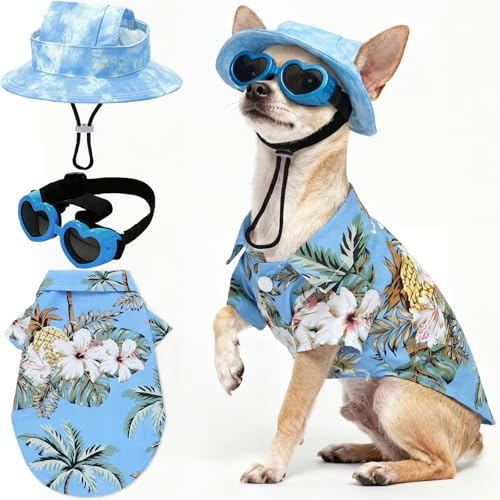 Sunnymove Small Summer T-Shirts Set Include Adjustable Pet Hat with Ear Holes Breathable Hawaiian Dog Shirt Heart Shape Sunglasses Beach Outfit Set for Puppy Small Medium Pets Dog Cat(Blue,M)