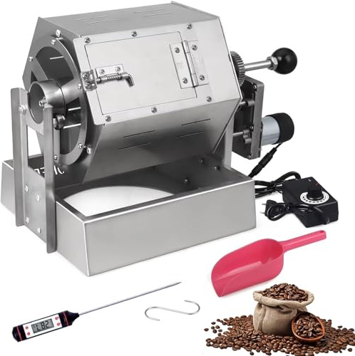 Tostador eléctrico de granos de café, 800 g, máquina de tostado comercial con termómetro, calor uniforme de 360°, tostador multiusos de acero inoxidable para frijoles, nueces y granos