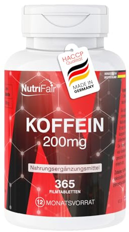 Comprimidos de cafeína 200mg - 365 comprimidos - 200mg por comprimido - Alta dosis - Fáciles de tragar - 100% veganos – Fabricación alemana y pruebas de laboratorio - NutriFair | Premium & Fair