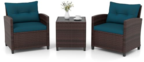 GIANTEX Conjunto de Muebles Jardín 3 Piezas, Mesa y Sillas de Exterior de Ratán PE con Cojines, Mesa con Tablero de Vidrio, para 2 Personas, para Terraza, Patio, Balcón (Marrón+Azul Oscuro)