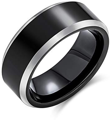 Bling Jewelry Anillo de boda simple de titanio para parejas negras para hombres y mujeres, plata de dos tonos, borde biselado, ajuste cómodo, 8MM