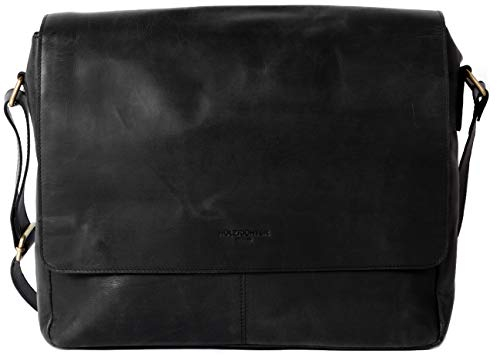 HOLZRICHTER Berlin - Messenger Bag aus Leder (No 2-1), 30x37,5x10cm Umhängetasche für Herren, Hochwertige 13 Lehrertasche für die Arbeit & Uni, Schultertasche in Schwarz-Anthrazit