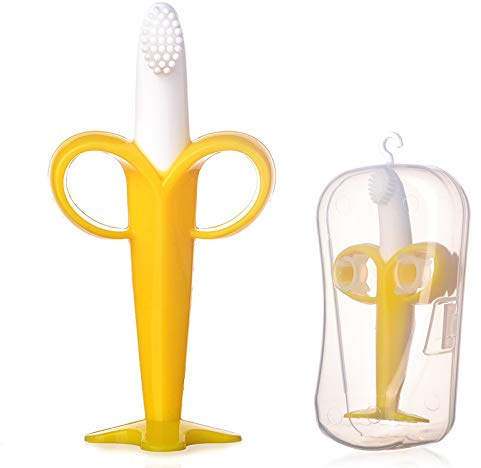 Cepillo de dientes de bebé y plátano, cepillo de dientes de silicona seguro para bebés con funda de almacenamiento para edades de 3 meses en adelante