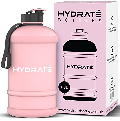 HYDRATE XL Jug 1.3 Litre Water Bottle with Flip Cap Leak-Proof Seal & Nylon Carrying Strap - Stay Hydrated On-The-Go Ultimate Hydration Solution - BPA Free Reusable Gym Essential - Matte Pink