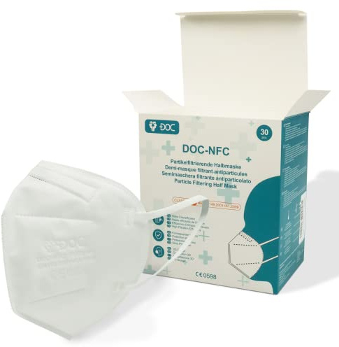 DOC FFP2-Masken - einzeln verpackte Atemschutzmasken - Halbmaske - Schutzmaske für Mund & Nase - Mundschutz - CE 0598 Standard - weiß - 30 Stück