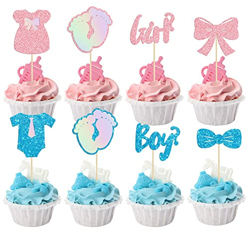 Gyufise Paquete de 24 adornos para magdalenas para niño o niña, con purpurina, mameluco con pajarita para cupcakes, baby shower, niños, cumpleaños, revelación de género, fiesta, decoración de