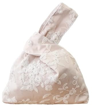 Vintage Handmade Double Lace Japanese Kimono Art Pattern Wrist Bag Tote Handbag Knot Pouch Wallet Portable Purse for Women(White)