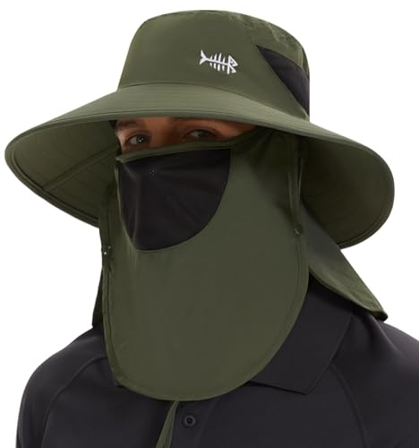 BASSDASH UPF 50+ Breathable Sun Hat with Removable Face Cover and Neck Flap Wide Brim Bucket Hat for Fishing Hiking Men Women Army Green