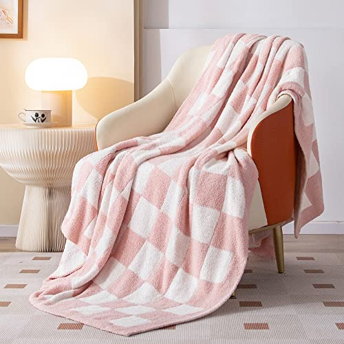 SeaRoomy Checkered Throw Blanket, Ultra Soft Microfiber Knit Throw Blanket, Cozy Fluffy Fuzzy Reversible Checkerboard Pink Blanket for Couch Sofa Bed Decor(Light Pink, 5163)