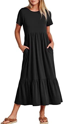 KOEMCY Robe Femme Manches Courtes Col Rond Bodycon Longue Maxi Dress Ample de Plage Eté Casual avec Poches