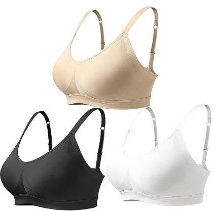 Lemef Non Wired Bras for Women Underarm-Smoothing Wireless Bras Seamless Lightly Lined Comfort Bras, Black,White,Beige, XL