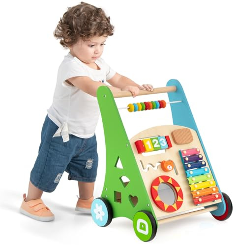 GOPLUS Stabil gåstol av trä, multifunktionell gåvagn med flera spelinställningar och förvaring, pedagogisk leksak, promenadhjälp med gummihjul och handtag, för barn från 3 år gammal (färgglad)