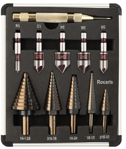 Rocaris 5 Pack Step Drill Bit & 5 Pack Countersink Drill Bit Set, Titanium Coated, 50 Sizes of Step Bit for Metal with Aluminum Case, Multiple Hole Stepped Up Bits for DIY