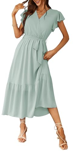 Awemeal Kleid Damen Sommer Elegant V-Ausschnitt Kurzarm Lang Sommerkleid Boho Blumenkleid mit Gürtel Rüschen Saum Wickelkleid Strandkleid A Linie Fließend Maxikleid （XL, Grün）