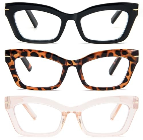 kollyseek 3 Pack Occhiali da Lettura Cateye Donna Retrò anti-blu Comodi e Alla Moda Grande Cat Eye,1.0 1.5 2.0 2.5 3.0 3.5 Nero, Beige, marrone 2.5