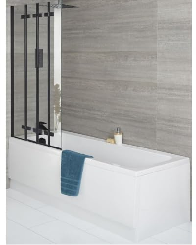 MILANO 1500x700mm Single Ended Bath Folding Black Screen Panel Waste Trap | Acrylic & Toughened Glass Construction. Generous Bathing Capacity. Aluminium Profile. Contemporary Style. Adjustable Feet.