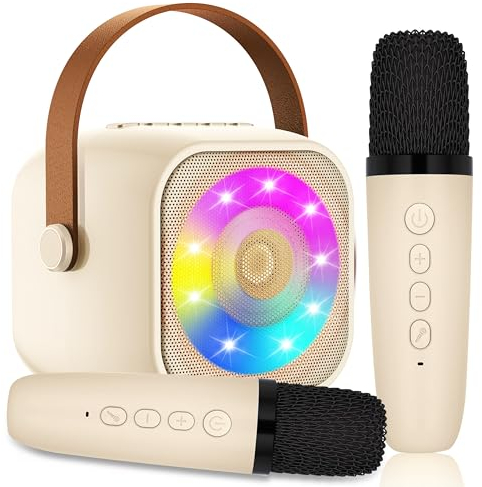 Karaoke Maschine Kinder mit 2 Mikrofon, Mini Karaoke Drahtlosen Mikrofon, Tragbares Bluetooth Lautsprecher mit LED-Lichtern, Geschenke Spielzeug für Mädchen und Jungen