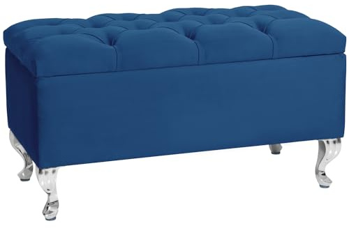 LORDLY Banc rembourré de Rangement MODIANO CR 81x42cm - Velours Bleu Marine, Siège, Banquette, Coffre de Stockage avec Couvercle, Pouf pour Salon Chambre Entrée Couloir Coiffeuse Bout de Lit