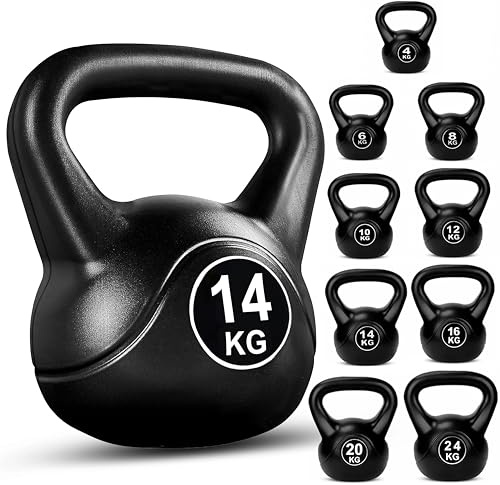 FK Sports Kettlebells | Heavy Weight Vinyl Kettle bells for Exercise Home Gym Workout | 4kg, 6kg, 8kg, 10kg, 12kg, 14kg, 16kg, 20kg, 24kg Kettlebell Weight Set for Women & Men (Black, 14 KG)