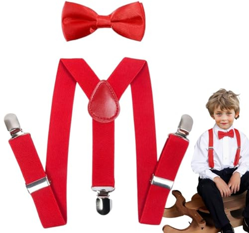 Adjustable Kid's Suspenders and Bow Tie Set - Classic Red Suspenders & Bowtie for Boys & Girls, Fits 6 Months to 7 Years - Perfect for Daily Wear, Photoshoots, and Special Occasions