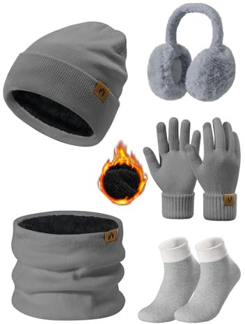 Niwicee Mütze Schal Handschuhe Damen Winter Set Fleece Gefütterte Wärmer Loop Schlauchschal Touchscreen Handschuhe Beanie Strickmütze Dicke Socken Plüsch Ohrenschützer Kombi Set 5 Stücke (Grau)