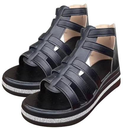 ZPLMIDE Sandalias de cuña con diamantes de imitación para mujer, de verano, de piel suave, puntera abierta, sandalias de gladiador, zapatos de cuña con cremallera