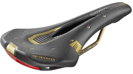 Montegrappa Menador Air Flow - Sillín de bicicleta de ecopiel para uso en carreras, bicicletas eléctricas, Mtb, Gravel, Enduro, relleno de espuma viscoelástica con dispositivo de seguridad para