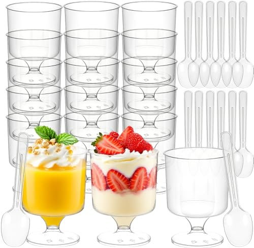 Hsxfl 120 Pcs Mini Dessert Cups with Spoons 60 Pcs 5 OZ Small Clear Plastic Dessert Parfait Cup 60 Pcs, Round Goblet Disposable Fruit Ice Cream Cake Pudding Cups Appetizer Bowl For Party