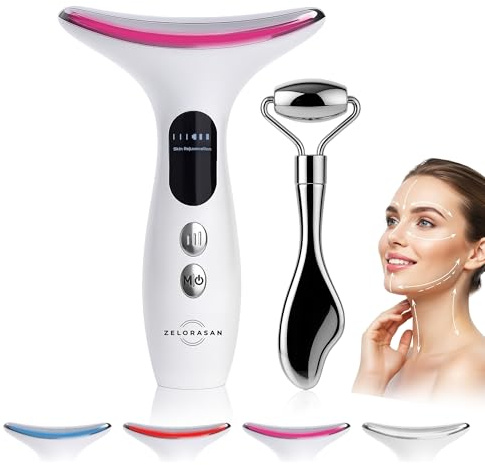 ZELORASAN Set Masajeador Facial y Rodillo Gua Sha - Masajeador Facial Eléctrico Antiarrugas Para Cara y Cuello, 4 Modos de Luz, temperatura 45 ºC, Ice Roller Gua Sha, Lifting, Antiedad, Reafirmante