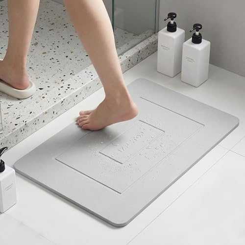 IZPFTOP Tapis Pierre diatomite 60 x 39 cm,Tapis de Bain en Pierre,Séchage Rapide diatomite Tapis de Bain, Antidérapant Tapis absorbia Stone Bath Mat(Blanc Gris)