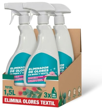 Spray Elimina Olores Desinfectante, Eliminador de olores en ropa y textil, Apto para todo tipo de malos olores en moquetas, ropa, tapicerias, cortinas, camas de mascotas, Sin Lejía, Pack de 3 x 500 ml