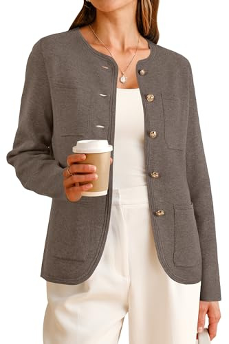 Arach&Cloz 2026 Fashion Sweater Blazers for Womens Long Sleeves Collarless Button Down Wool Cashmere Dressy Work Business Casual Clothes Spring Winter Trendy Cardigan Pockets Coffee M