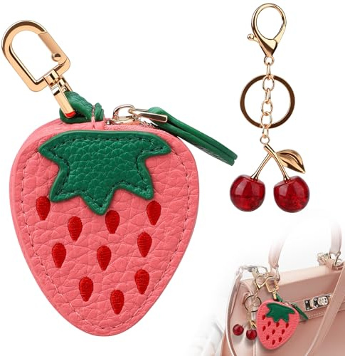 Erdbeer Coin Purse, Niedlicher Schlüsselanhänger Tasche, Mini Geldbörse Damen,Süßer Leder Taschenanhänger mit Kirsch-Schlüsselanhänger für Halloween und Christmas Geschenk