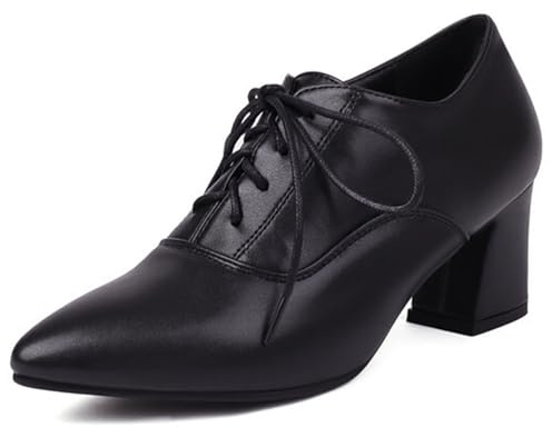 Wtharosa Décolleté Oxford da Donna Tacco Largo Punta a Punta con Lacci in Pelle Stile Classico per Ufficio Lavoro Riunioni Uso Quotidiano e Eventi Formali,Nero,36 EU