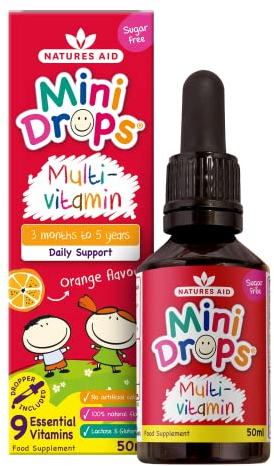 Natures Aid Mini Drops Multi-Vitamin for Babies & Kids 50ml – 9 Essential Vitamins Support Growth & Immune Health for Children Age 0-5 Years Old – Sugar Free Vegan Non-GMO Gluten-Free Dropper Included