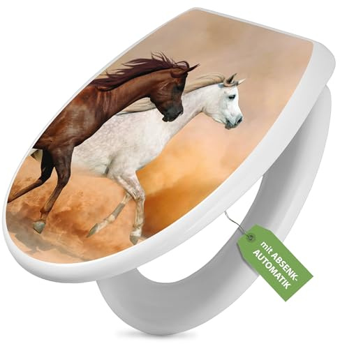 banjado Toilettendeckel mit Absenkautomatik 44,5x37cm - Soft Close Toilettensitz - WC Sitz mit Absenkautomatik - Klodeckel aus Duroplast mit Edelstahl Scharnieren, einfache Montage - Motiv Wilde Pferd