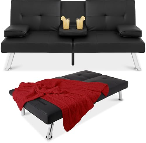 Best Choice Products Faux Leather Upholstered Modern Convertible Futon, Adjustable Folding Sofa Bed, Guest Bed w/Removable Armrests - Black