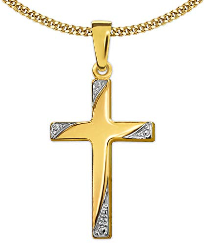 CLEVER SCHMUCK Première communion - Croix pour enfant - 19 mm - Bicolore - Ornée de croix - Or 333 8 carats - Chaîne gourmette de 38 cm - Dans un étui, Brillant