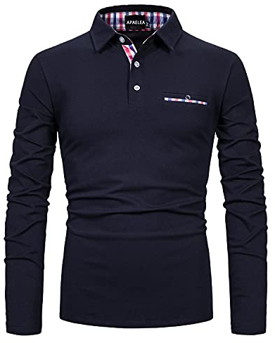 APAELEA Men's Long Sleeve Polo Shirt Casual Rugby Shirts with Plaid Down