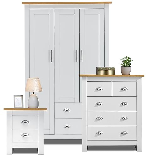 3 Piece Bedroom Furniture Set With 3 Door Wardrobe & 3+2 Drawer Chest of Drawer + 2 Drawer Bedside Table Cabinet Wardrobe and Chest of Drawers Set for Bedroom Storage furniture Set, White & Oak