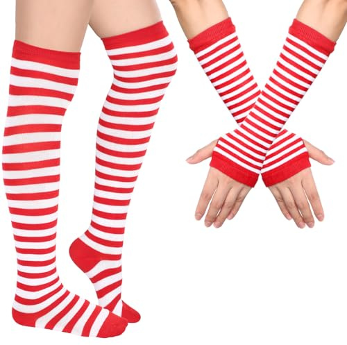 Blulu Calentadores de Brazos y Piernas Calcetines Medias hasta Rodilla a Rayas Guantes sin Dedos para Mujer (Rojo y Blanco)