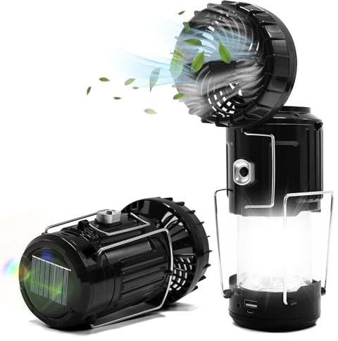 Civikyle 1-Stück Camping USB Ventilator mit Licht Solar LED Campinglampe Akku Aufladbar Batteriebetrieben Laterne Leuchte Außen Camping Zubehör Gadgets